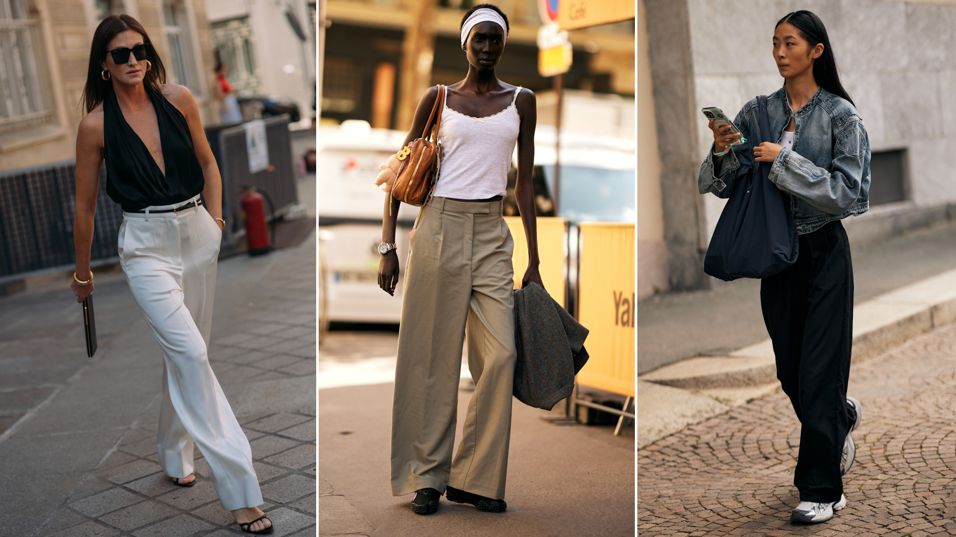 split image of women wearing wide-leg pants