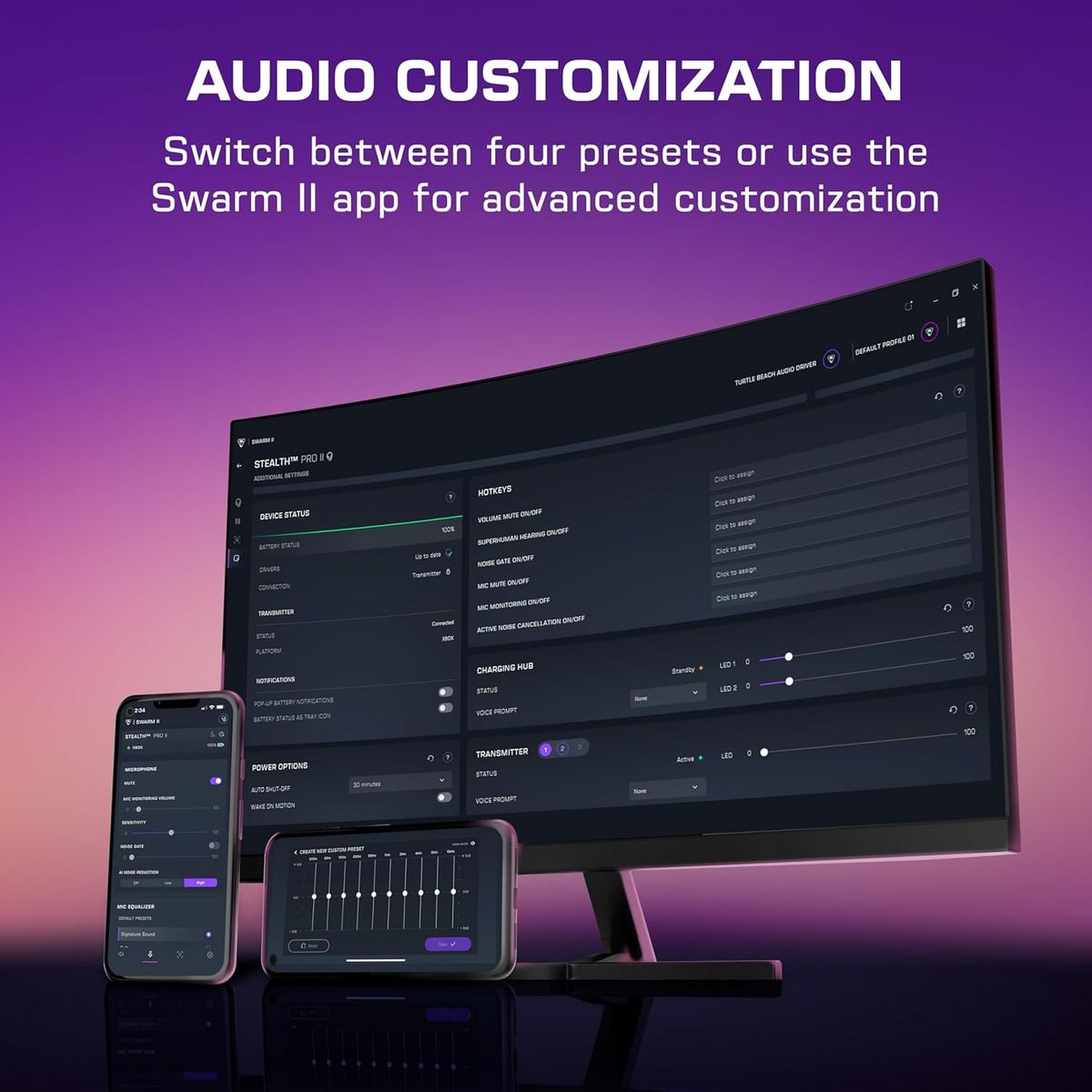 A desktop monitor displaying audio customization software is shown against a gradient purple background. Two smartphones in front also display the app interface.