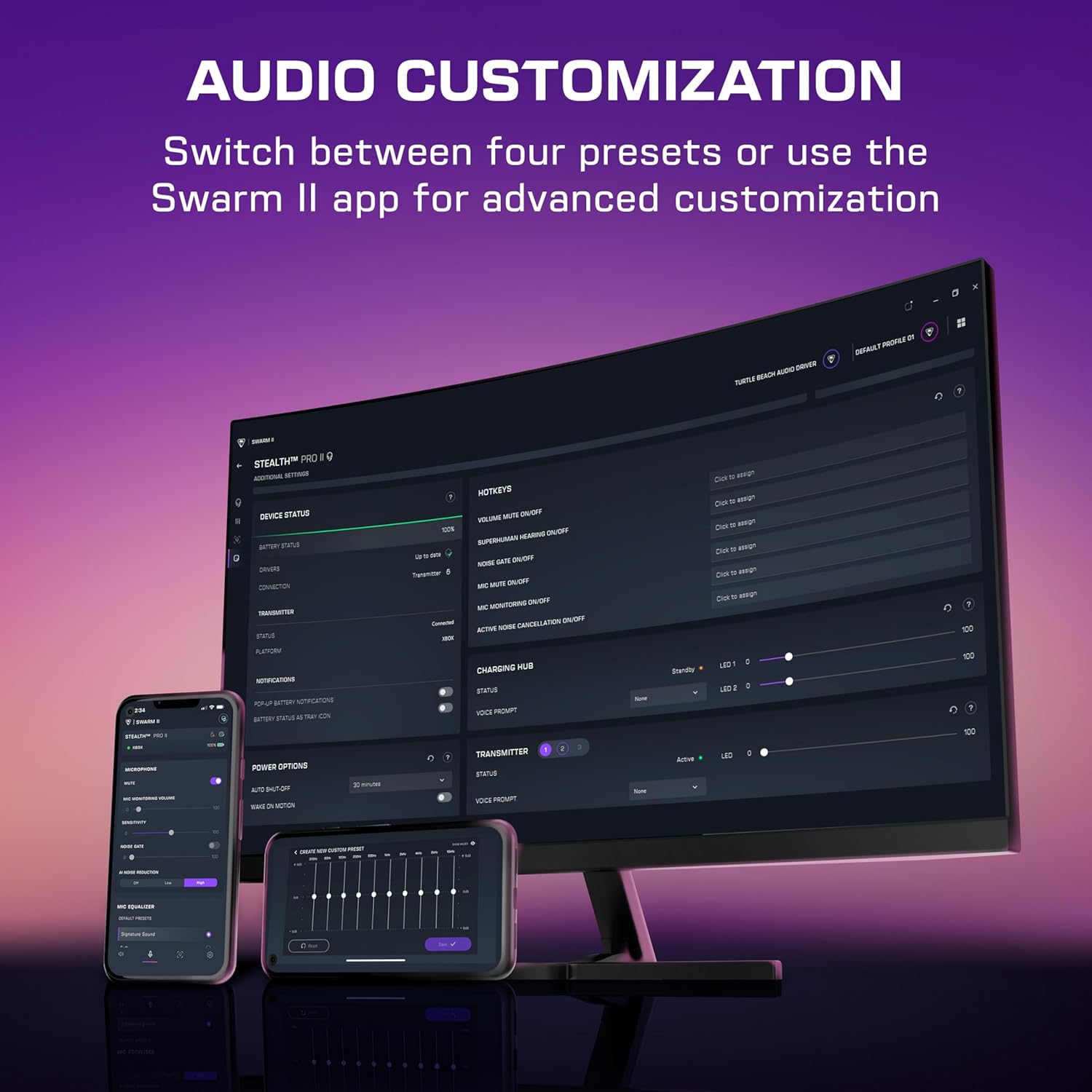 A desktop monitor displaying audio customization software is shown against a gradient purple background. Two smartphones in front also display the app interface. 