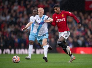 Will Hughes of Crystal Palace and Marcus Rashford of Manchester United in action during the Premier League match between Manchester United and Crystal Palace at Old Trafford on September 30, 2023 in Manchester, England. (Photo by Visionhaus/Getty Images)