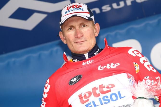 Andre Greipel (Lotto Belisol) dons the Tour of Belgium leader's jersey