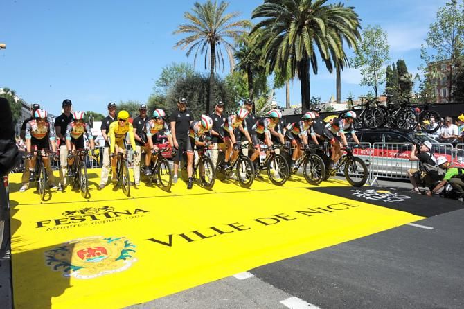 Radioshack heads down the yellow starting ramp