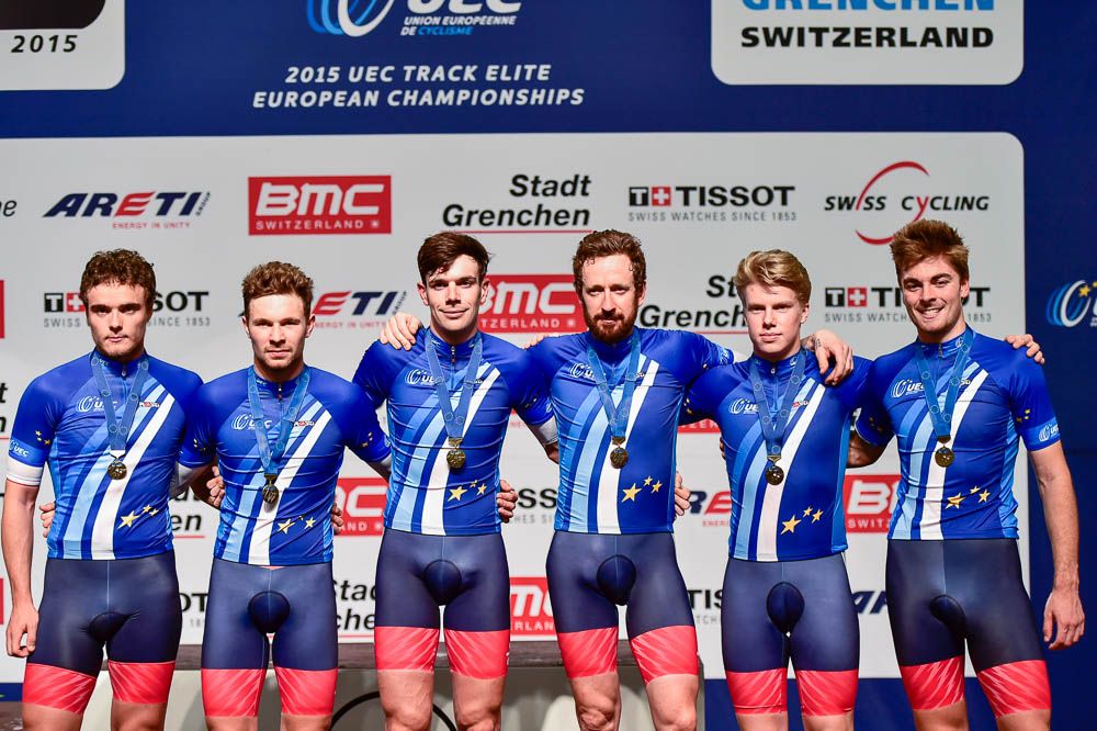 Great Britain's team pursuit winning squad on the podium