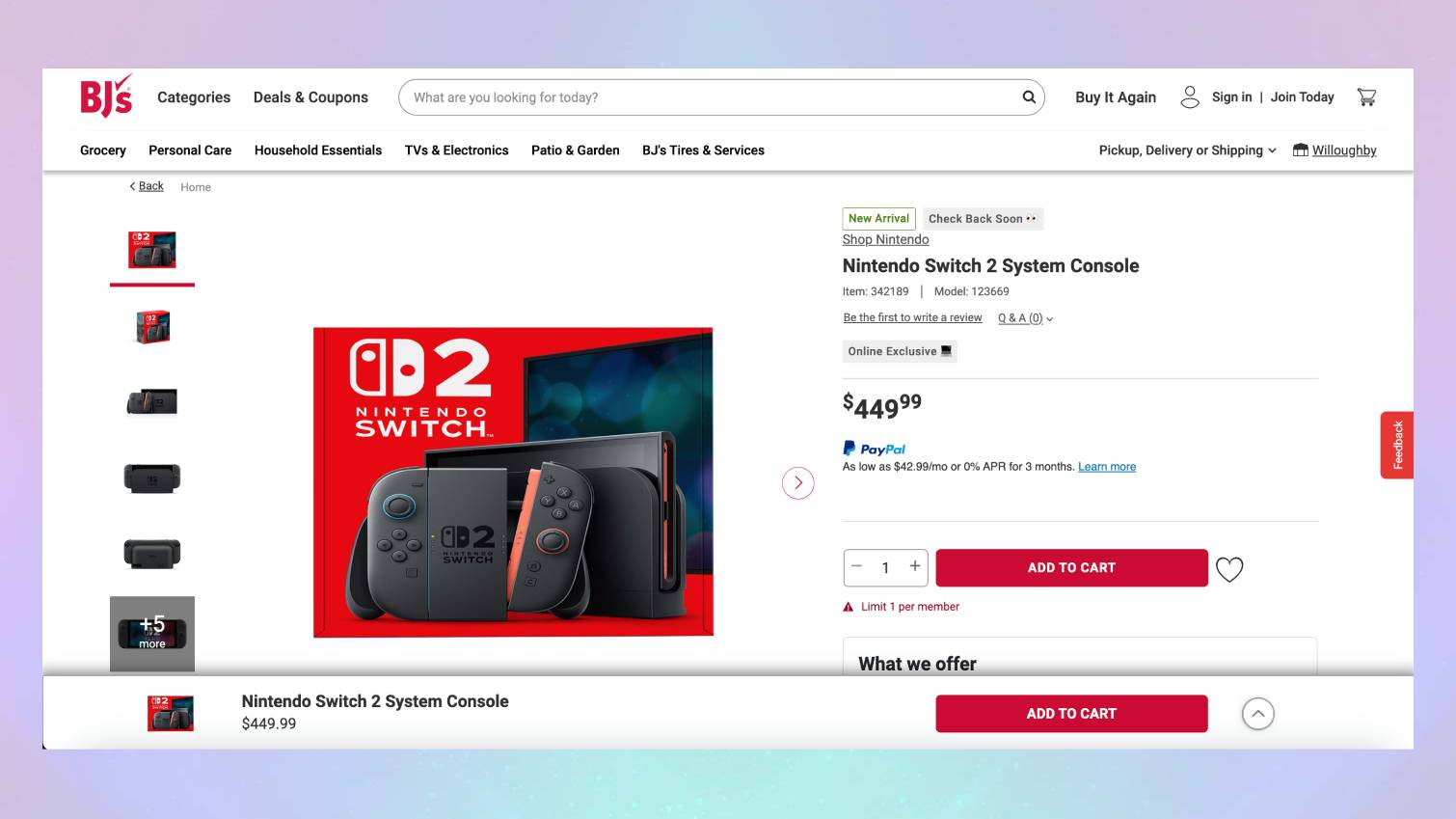 Screenshot of Nintendo Switch 2 BJ's listing on colored background
