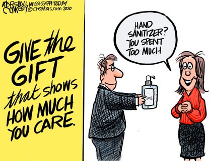 Editorial Cartoon U.S. Coronavirus COVID-19 pandemic gifts hand sanitizer