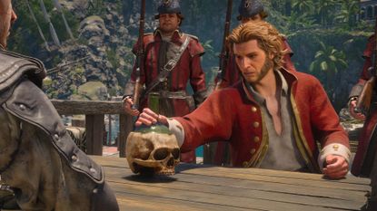 Maynard, a blonde British soldier with mutton chops, taunts Edward Kenway at the Great Inagua tavern in Assassin's Creed Black Flag Resynced