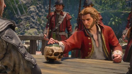 Maynard, a blonde British soldier with mutton chops, taunts Edward Kenway at the Great Inagua tavern in Assassin's Creed Black Flag Resynced