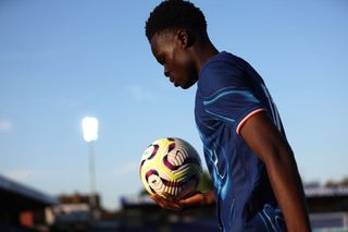 Tyrique George of Chelsea during the Premier League 2 match between Chelsea U21 and Tottenham Hotspur U21 at Kingsmeadow on August 16, 2024 in Kingston upon Thames, England.