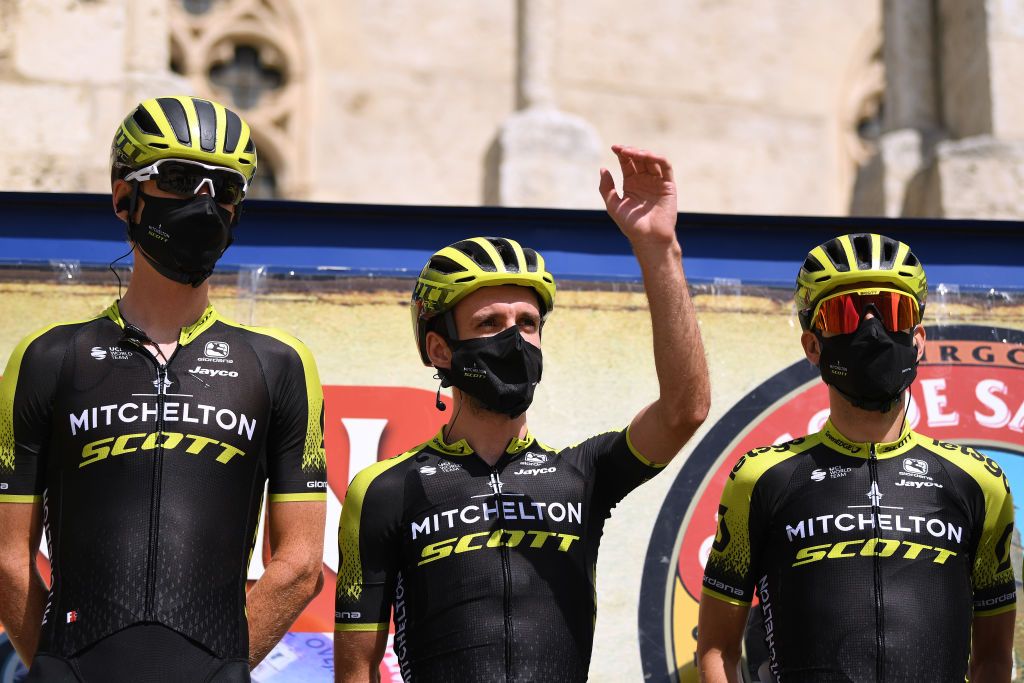 BURGOS SPAIN JULY 28 Start Jack Haig of Australia and Team MitcheltonScott Simon Yates of The United Kingdom and Team MitcheltonScott Esteban Chaves of Colombia and Team MitcheltonScott during the 42nd Vuelta a Burgos 2020 Stage 1 a 157km stage from Burgos to Burgos Alto del Castillo 976m Burgos Cathedral VueltaBurgos on July 28 2020 in Burgos Spain Photo by David RamosGetty Images