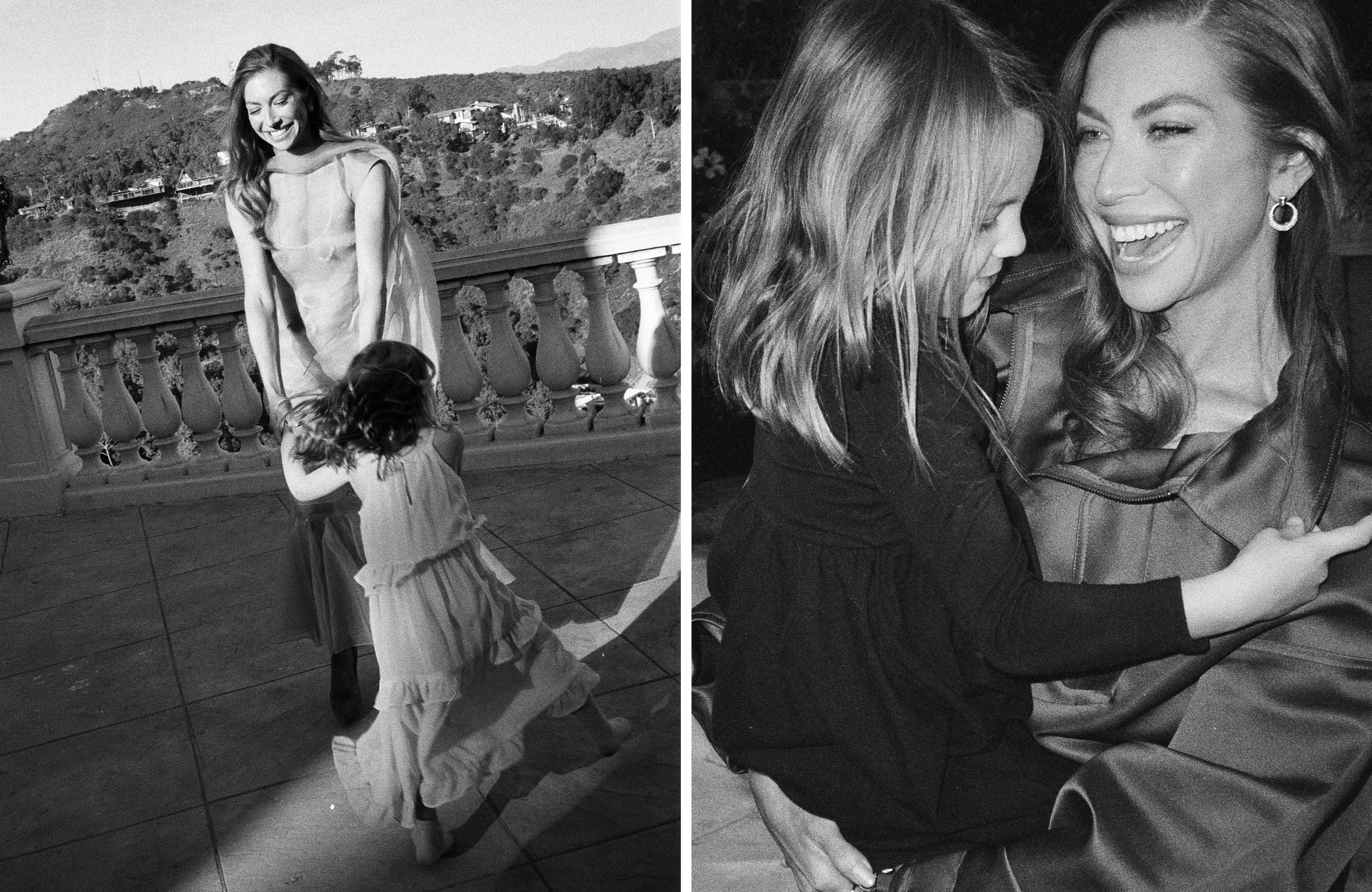 a split image of stassi schroeder and her daughter holding hands playing together on a balcony and stassi holding her and smiling