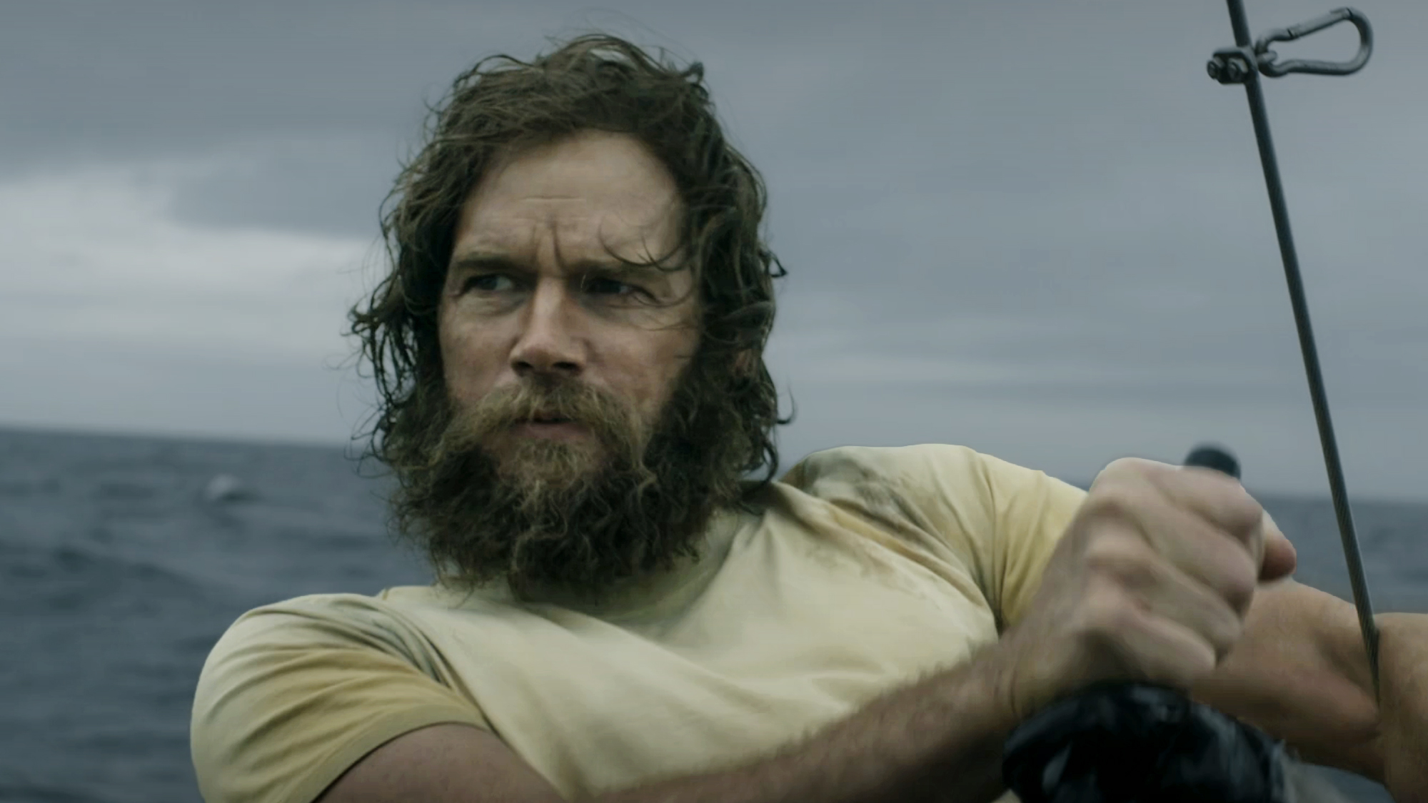 Chris Pratt, bearded and in a yellow shirt, starring in season 2 episode one of the Terminal List.