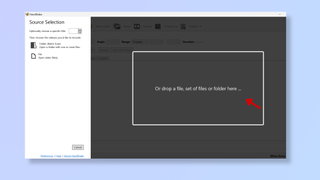 A screenshot of the HandBrake tool, with a red arrow pointing at the drop file section. 