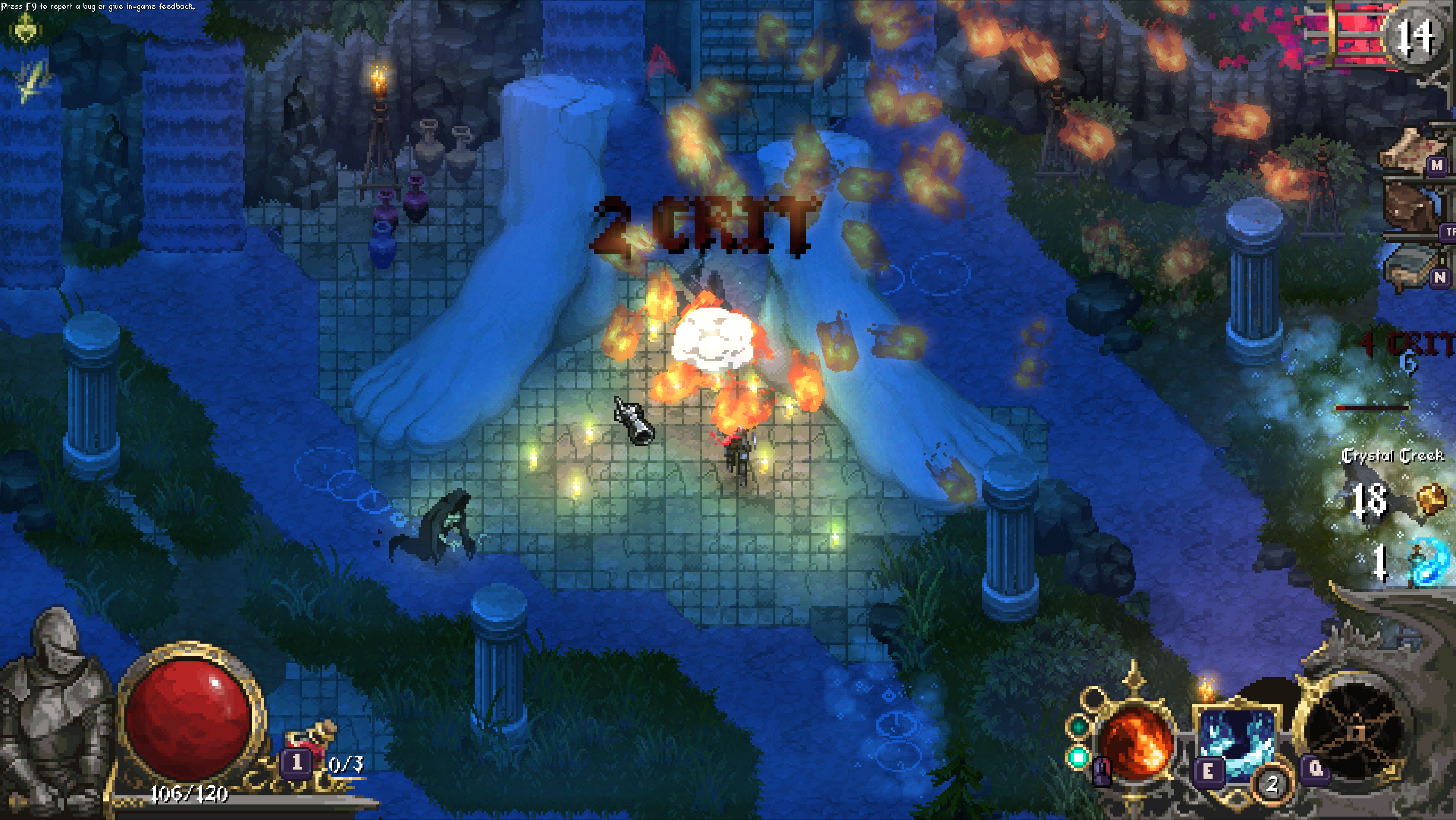 A screenshot of roguelike action RPG Cursemark. A combat arena filled with flame effects and burning enemies.