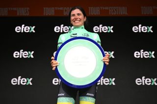 STIRLING AUSTRALIA JANUARY 19 Alyssa Polites of Australia and ARA Australian Cycling Team Polka Dot Mountain Jersey celebrates at podium during the 9th Santos Womens Tour Down Under 2025 Stage 3 a 1059km stage from Stirling to Stirling 444m UCIWWT on January 19 2025 in Stirling Australia Photo by Dario BelingheriGetty Images