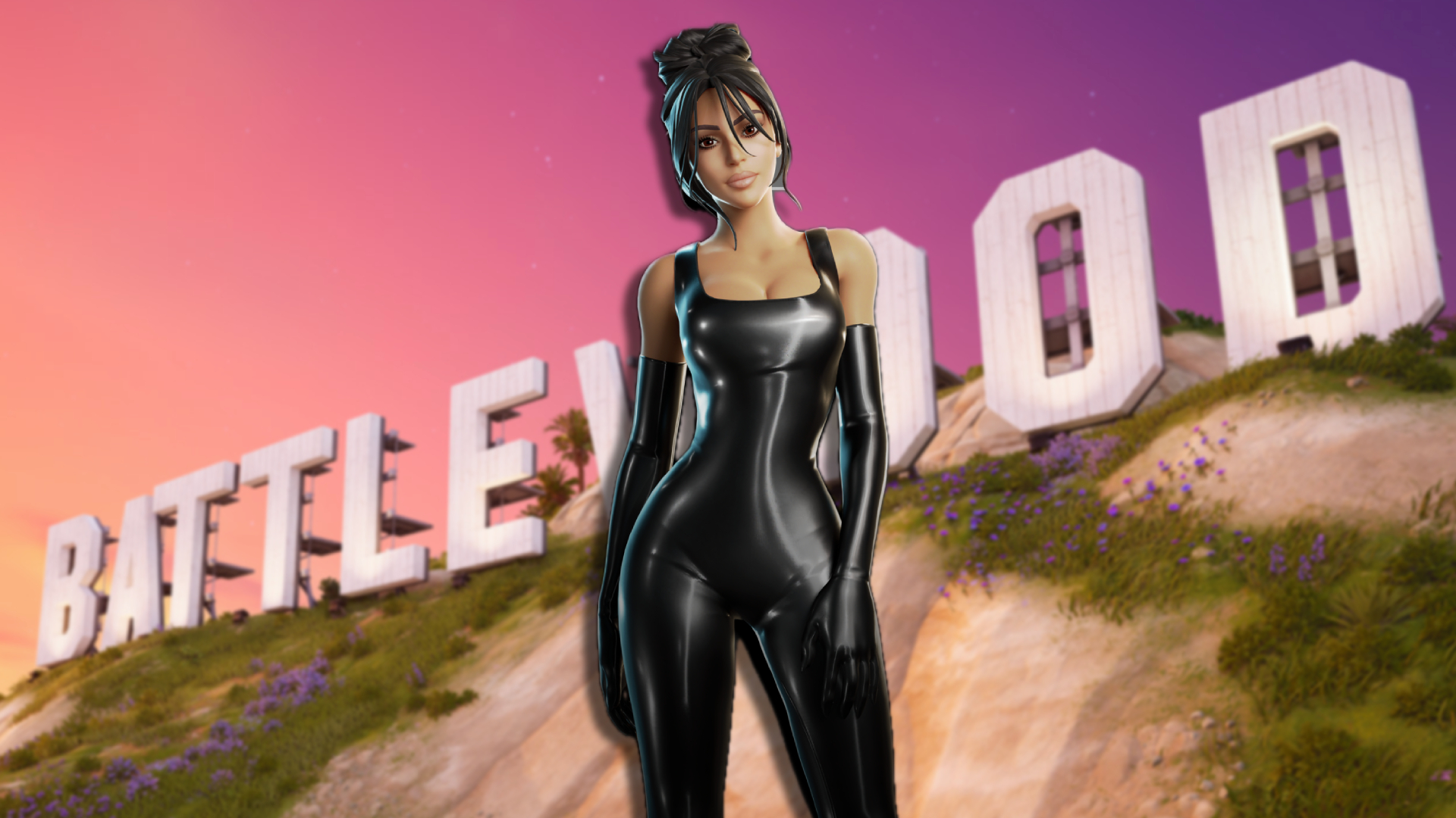 Kim Kardashian standing in front of the &#039;Battlewood&#039; sign as the sun sets behind her