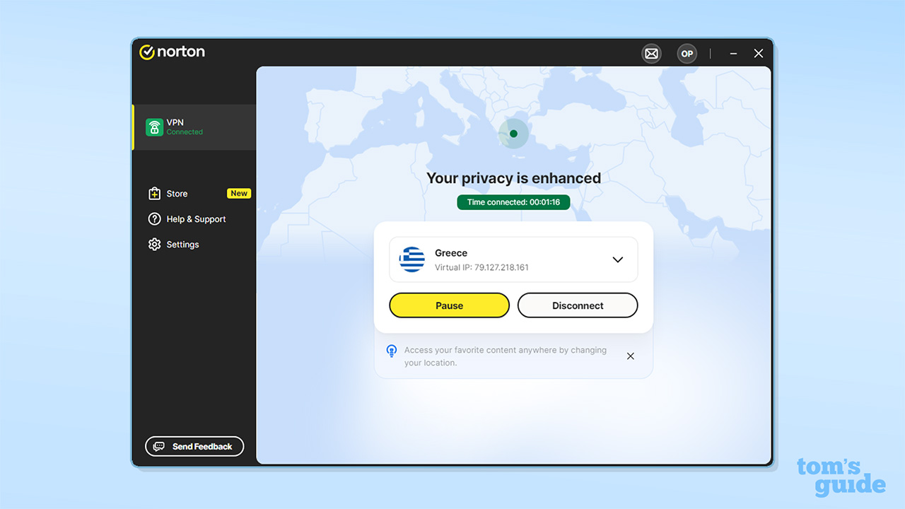 Screenshot of Norton VPN's interface when connected to a server