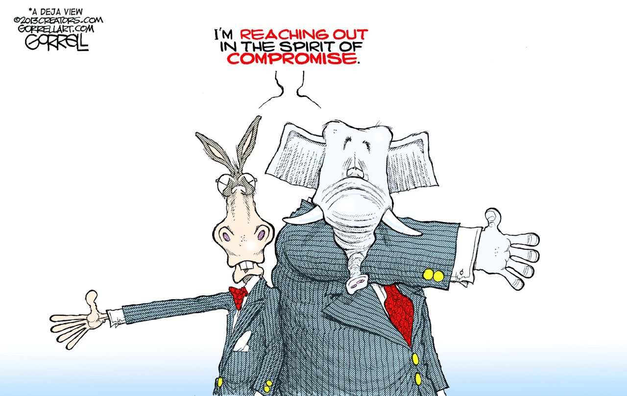 Political cartoon U.S. Democrats Republicans false compromise