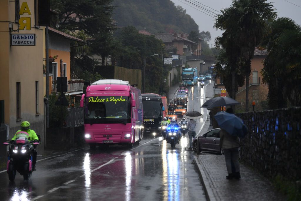 "The team buses were escorted from Morbegno to the new start near Milan