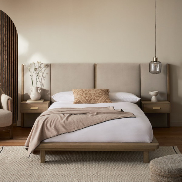 Next, Soft Velvet Pebble Nila Upholstered Hotel Bed Frame With Bedside Tables