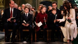 Prince William, Prince of Wales, Prince George, Princess Charlotte, Prince Louis and Catherine, Princess of Wales during the Royal Carols - Together At Christmas service at Westminster Abbey on December 8, 2023