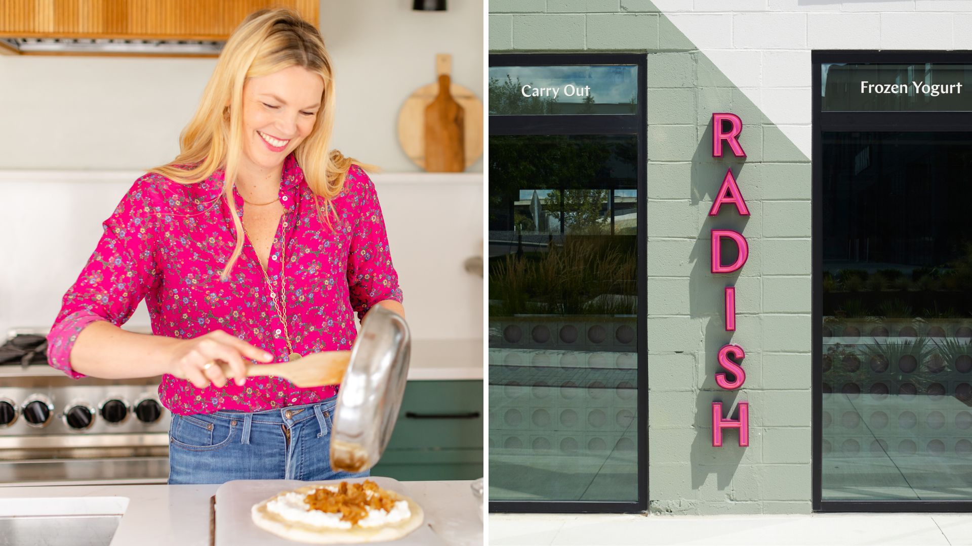 Amanda Frederickson cooking in her kitchen in a pink blouse and the outside of her restaurant, Radish