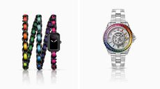 Chanel watch with long rainbow bracelet strap, left, and white Chanel watch with rainbow sapphires round dial, right