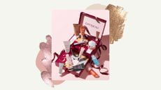 Image of Gatineau Skincare 12 Day Advent Calendar 2025 open with its contents, on a beige background with gold and rose gold glittery swatches