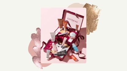 Image of Gatineau Skincare 12 Day Advent Calendar 2025 open with its contents, on a beige background with gold and rose gold glittery swatches