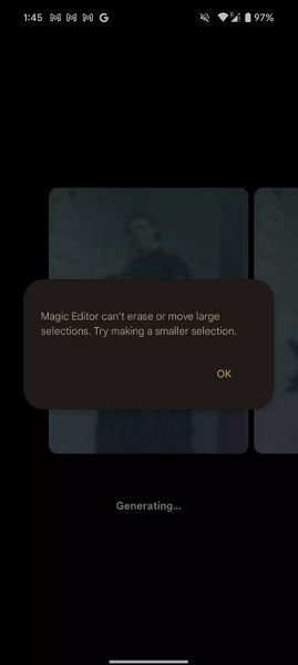 An error message users will find when attempting to edit large objects with Magic Editor.