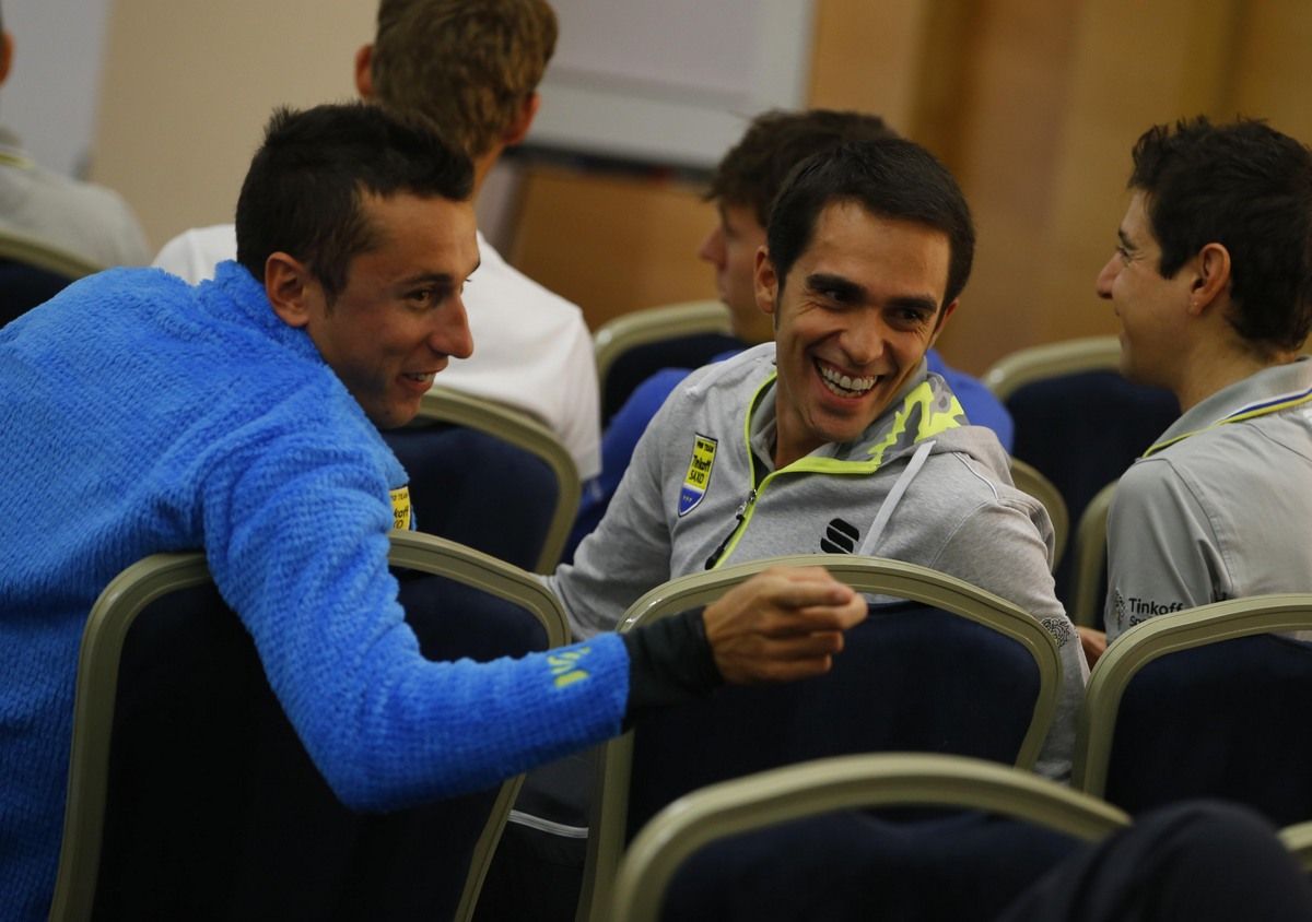 Alberto Contador enjoying a lighter moment at the team camp