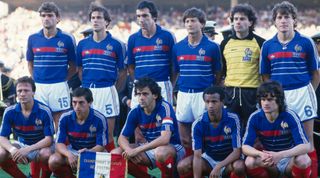 The French national team before the semi-final of the UEFA Euro 1984 against Portugal. (L-R, front row): Bernard Lacombe, Alain Giresse, Michel Platini, Jean Tigana and Didier Six. (L-R, Back row): Yvon Le Roux, Patrick Battiston, Maxime Bossis, Jean-Francois Domergue, Joel Bats and Luis Fernandez. (Photo by Jean-Yves Ruszniewski/Corbis/VCG via Getty Images)
