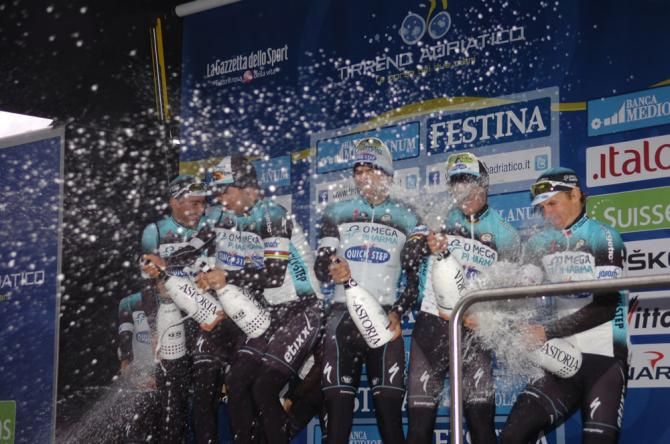 Party time for Omega Pharma-Quick Step after winning the opening team time trial at Tirreno-Adriatico.