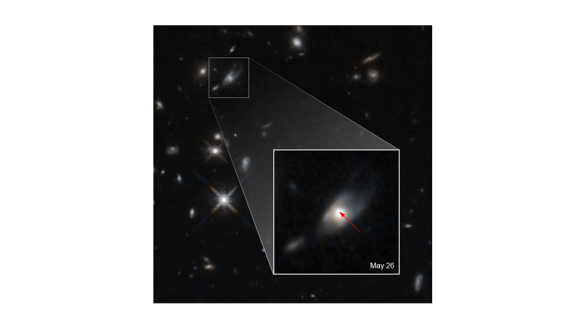 A Hubble Space Telescope image shows the part of the sky where the unusual light pattern came from, indicating the birth of a magnetar.