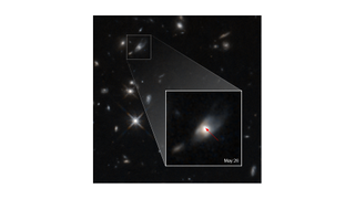 A Hubble Space Telescope image shows the part of the sky where the unusual light pattern came from, indicating the birth of a magnetar.