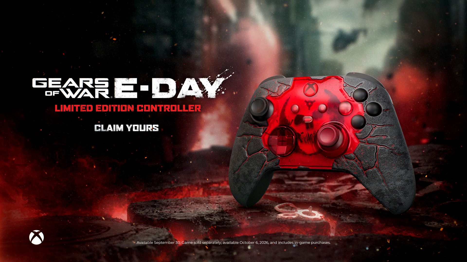Promotional image of the Gears of War: E-Day limited Xbox Controller displayed against a rocky, volcanic flood and a city in ruins.