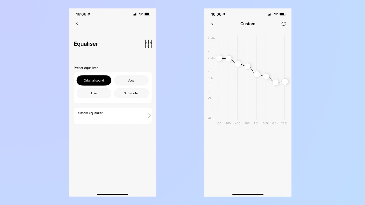 Screenshots from the AceFast app showing the EQ settings for the AceFast AceFit Pro earbuds