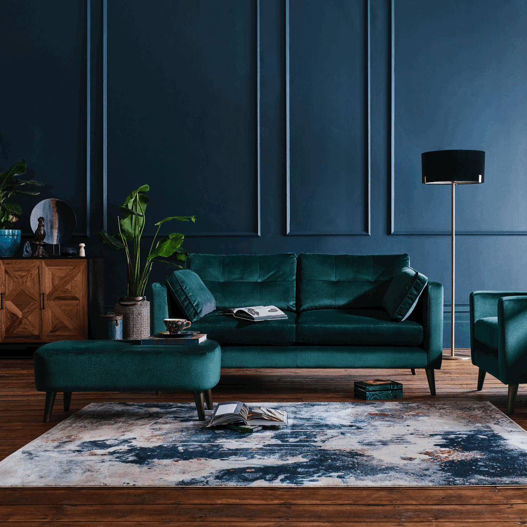 Green living room with blue panelled walls