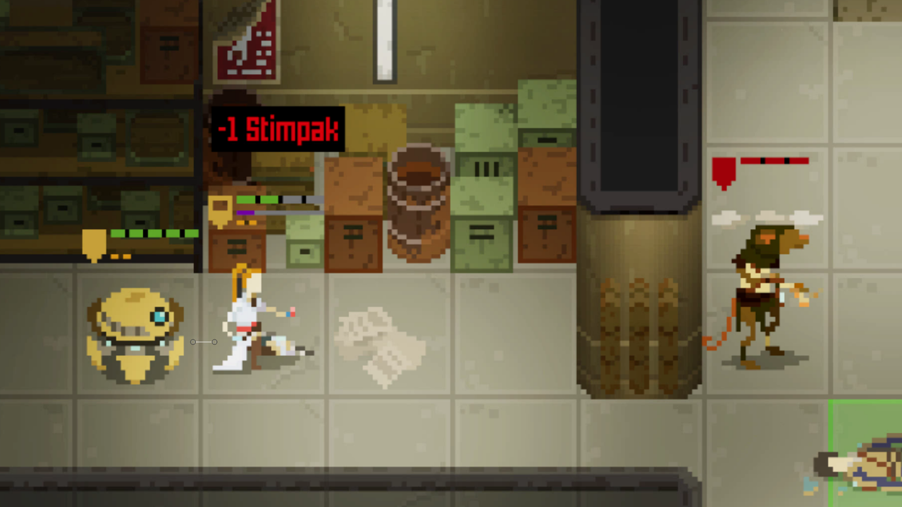 Image from videogame Shardpunk Verminfall. Pixelated heroes battle with humanoid rats.