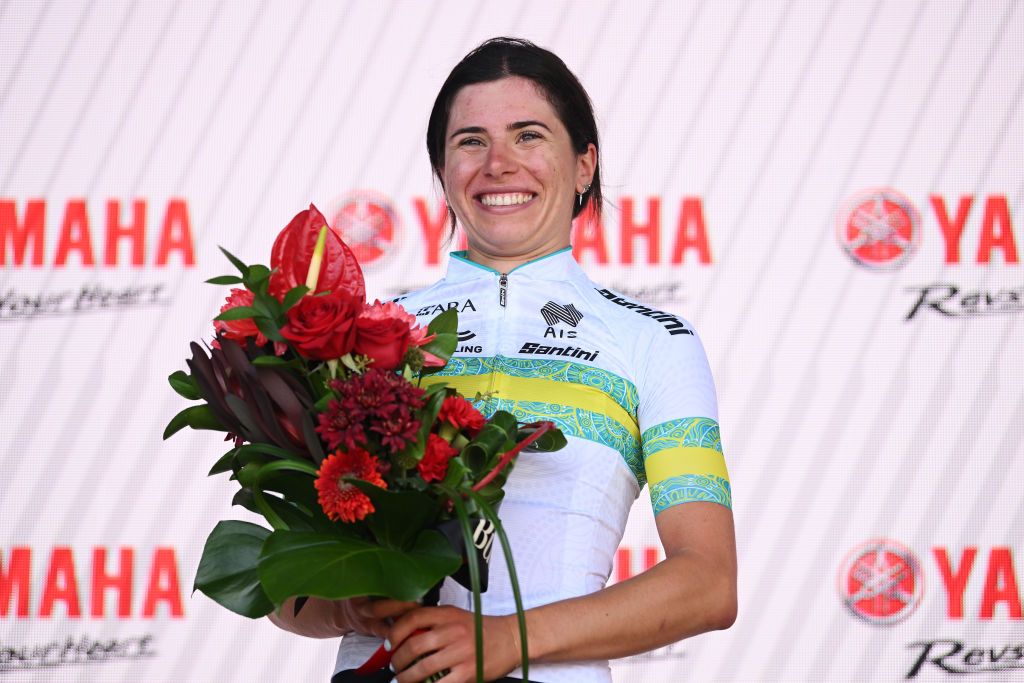 ALDINGA AUSTRALIA JANUARY 17 Alyssa Polites of Australia and ARA Australian Cycling Team celebrates at podium as White best young jersey winner during the 9th Santos Womens Tour Down Under 2025 Stage 1 a 101 9km stage from Brighton to Snapper PointAldinga UCIWWT on January 17 2025 in Aldinga Australia Photo by Dario BelingheriGetty Images