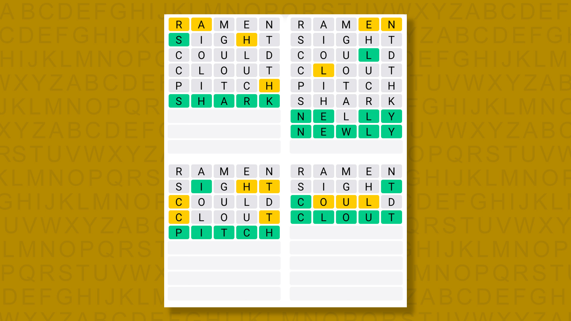 Quordle answers for game 1379 on a yellow background