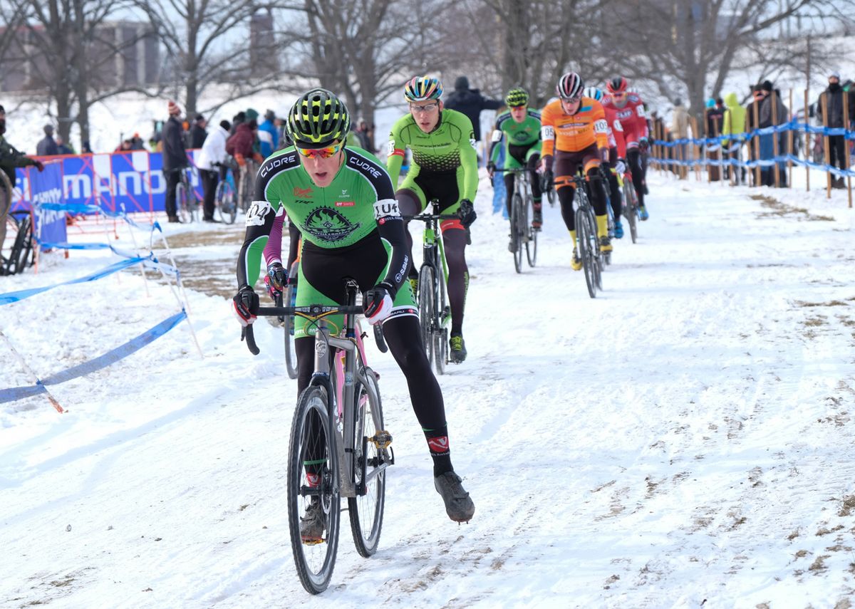Gage Hecht (Alpha Bicycle Co) leading after taking the hole-shot
