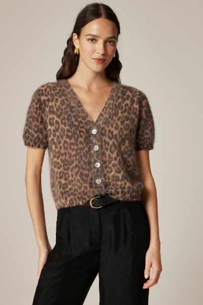 J.Crew, Brushed Cashmere Short-Sleeve Cardigan in Leopard Print
