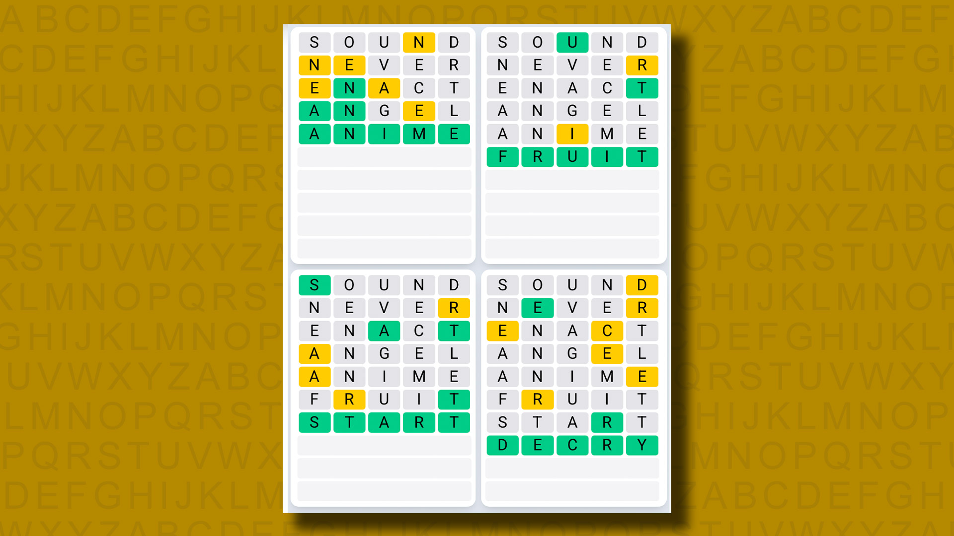 Quordle Daily Sequence answers for game 1286 on a yellow background