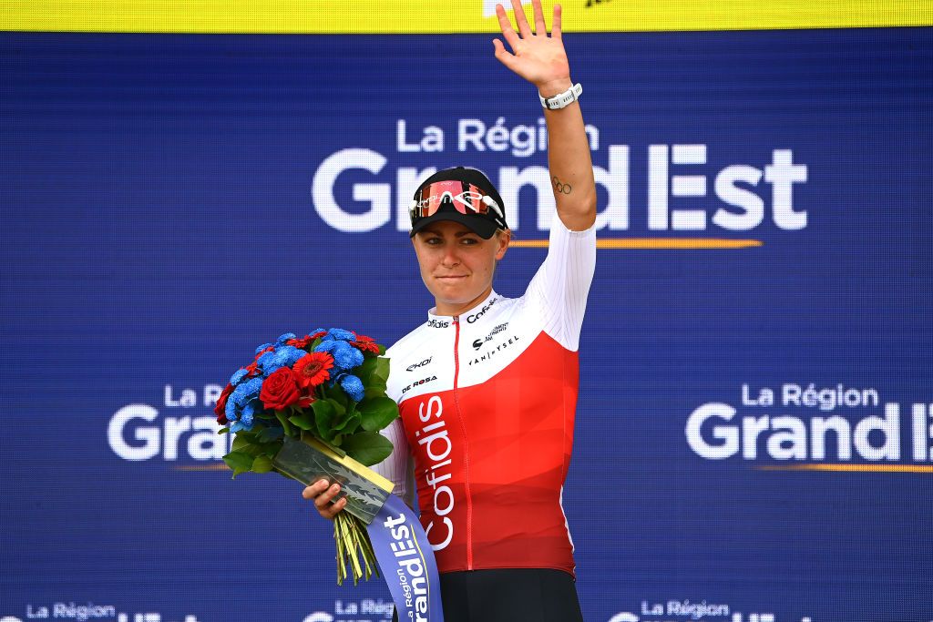 SAINTDIDESVOSGES FRANCE JULY 28 Victoire Berteau of France and Team Cofidis Fminin celebrates at podium as Most Combative Rider winner during the 1st Tour de France Femmes 2022 Stage 5 a 1756km stage from BarleDuc to SaintDidesVosges TDFF UCIWWT on July 28 2022 in SaintDidesVosges France Photo by Tim de WaeleGetty Images