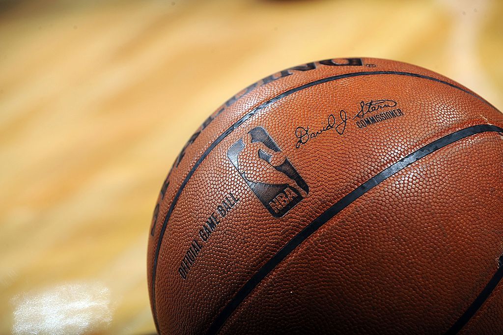 A NBA basketball on the court during play between the Dallas Mavericks and the San Antonio Spurs in Game Five of the Western Conference Quarterfinals during the 2009 NBA Playoffs at AT&amp;amp;T Cent