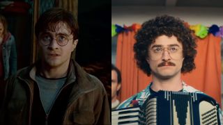 Daniel Radcliffe, pictured as Harry Potter and Weird Al Yankovic, side by side.