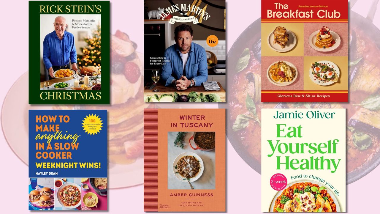 Six of the best cookbooks for 2025 are laid on a background showing a stack of scotch pancakes and a dish of warming stew