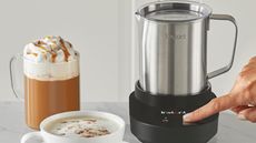 Instant milk frother on a marble countertop with coffee