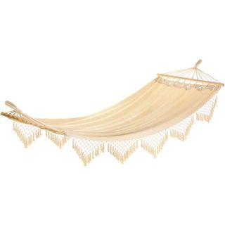 A fringed cream hammock