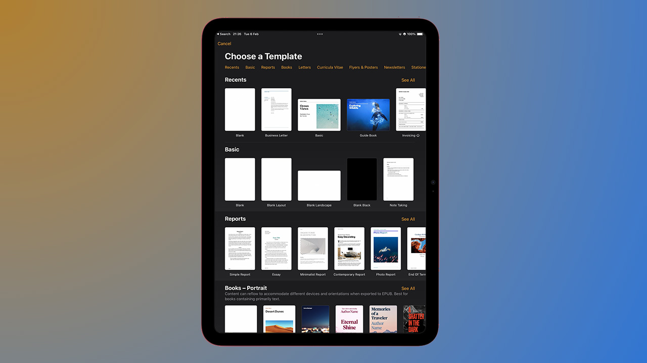 Pages app on iPad